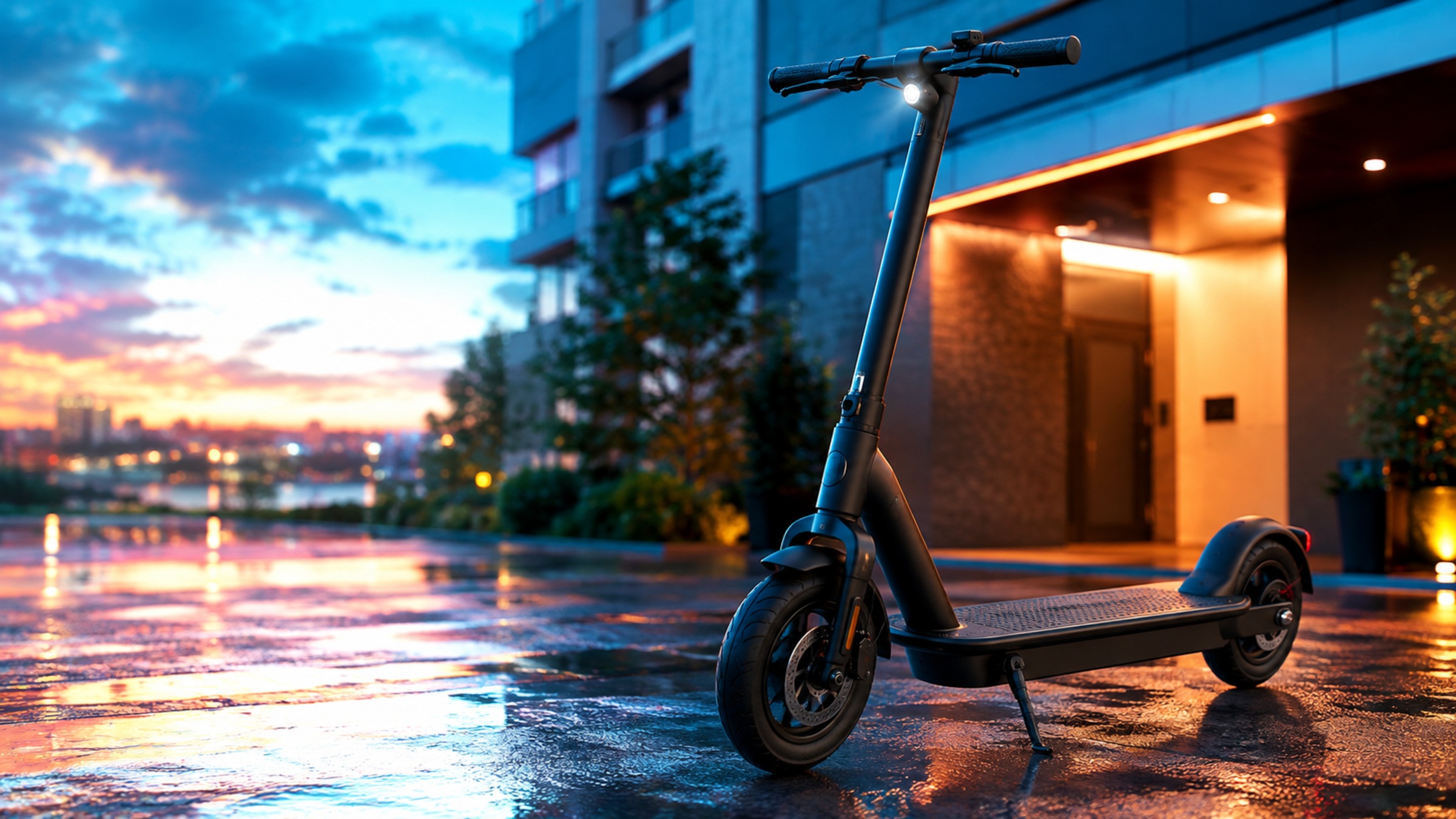 E-Scooter in der Abenddämmerung vor einem Hauseingang, auf regennassem Pflaster